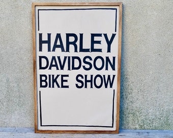 Vintage Hand Painted Sign on Metal and Framed Harley Davidson Bike Motorcycle Club Show