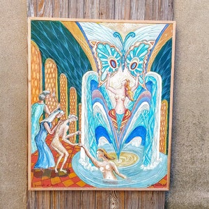 Vintage Contemporary Surrealistic Expressionistic Oil on Canvas Fountain of Youth Artist Signed by H. de Keller