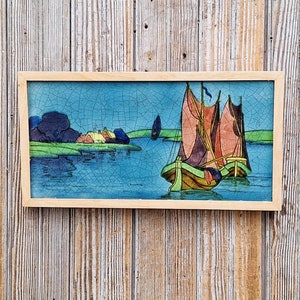 Outstanding Antique Hand Painted American Arts and Crafts Tile River Scene Boars Houses Framed In Straight Grain Maple Crazing Stickley