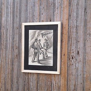 Vintage WPA Charcoal Paper Works Progress Administration Social Realism High Steel Iron Workers Worksite Straight Grain Maple Under Glass