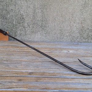 Antique 20th Century Hand Forged Iron Brass and Walnut Handle Offshore Fishing Gaff Hook Hook  Nautical Decor Big Game Fishing Fisherman