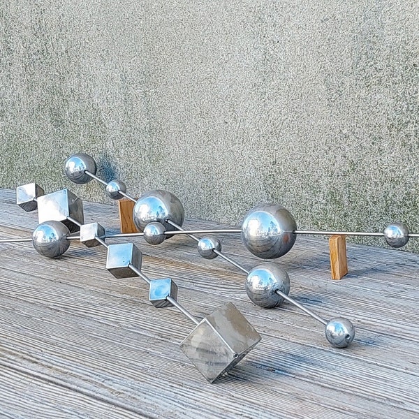 Vintage Set of Three Midcentury Modern Geometric Chrome Boxes and Orbs Fixed on Poles Movable Sculpture