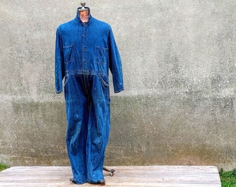 Vintage Indigo Selvedge Denim 1940s WW2 Era Headlight Brand One Star Laurel Wreath Button Full Body Coveralls with Faded Illegible Label