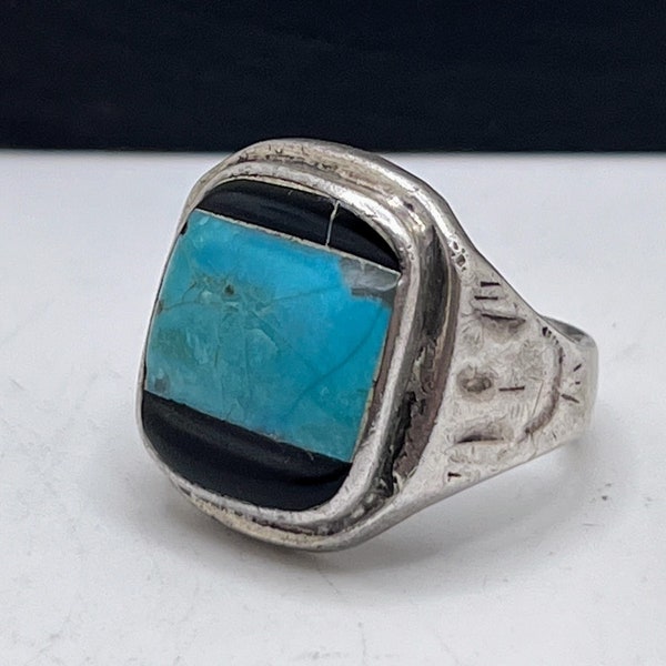 Vintage Old Pawn Native American Diné (Navajo)  Ingot Sterling Silver Natural Turquoise and Onyx Inlay Ring Hand Stamped Early Stamp Work
