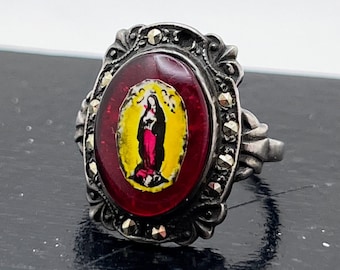 Antique Edwardian Sterling Silver Reverse Painted Our Lady of Guadalupe Paste Stones Religious Ring Religious Jewelry Virgin Mary