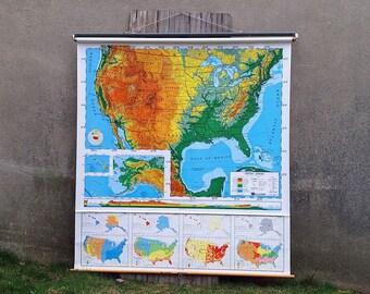 Vintage Nystrom Retractable Pull-Down Classroom Teacher Wall Map of the United States School Maps Decor 65" Wide x 68" High