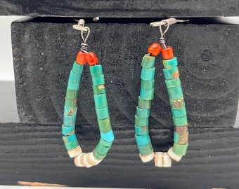 Vintage Native American Hand Made Pueblo Kewa Santo Domingo Jacla Turquoise Earrings Turquoise Hishi Coral