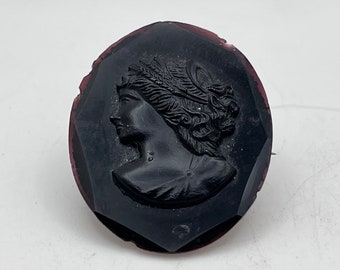 Antique All Original  Edwardian Brooch Cameo with Original Pinback Momento Mori Mourning Jewelry Black Glass and Jet