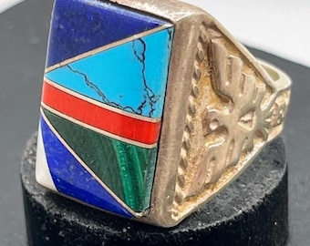 Vintage Diné (Navajo) Silversmith Made Sterling Silver Thunderbird Mudman Inlay Turquoise MOP Malachite Lapis Coral