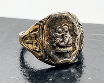 Antique Sterling Silver Baby Jesus St. Anthony of Padua Ring (Miracle Worker Lost Objects) Religious Jewelry High Relief Sacred Heart Cross