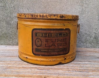All Original Antique 1930s Advertising Tin Shield Pure Lard Mustard Yellow Storage Container Farmhouse Kitchen Farmhouse Decor Bucket Tin