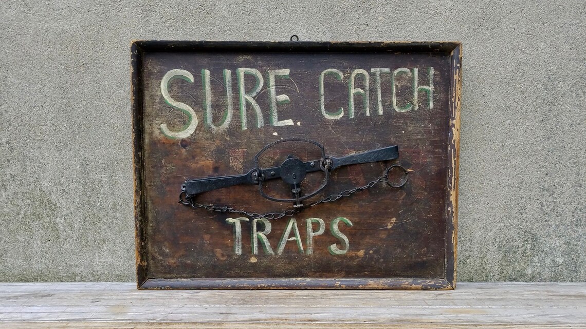 Antique Hand Painted Trade Sign Hunting Trapping Cabin Etsy