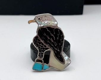 Vintage Artist Signed Pueblo Zuni Silversmith Made Zunitoon Bald Eagle Ring Turquoise Mother of Pearl Truth, Majesty, Strength, Courage