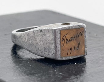 Antique 1918 World War I Hand Cast Aluminum Sweetheart Souvenir Bring Back Signet Ring France Treaty of Versailles Armistice End of War