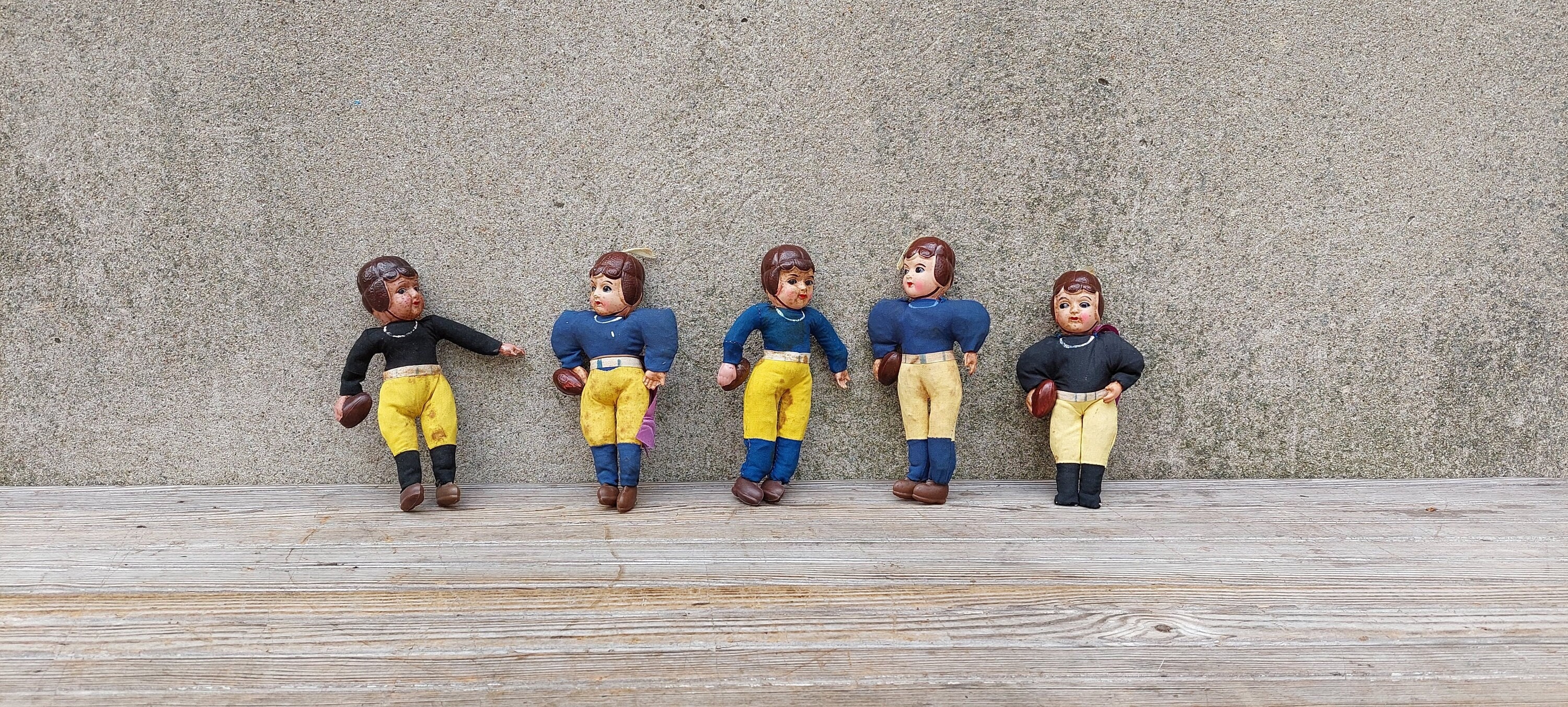 Set of Five Antique 8" Japanese Celluloid Straw Stuffed Football Player Dolls Action Figures