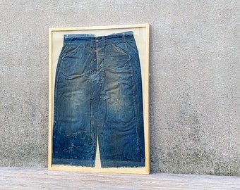 Antique Mine Found Very Early 20th Century Indigo Denim Miner's Jeans Workwear Straight Grained Maple Frame Under Glass Textile Preservation