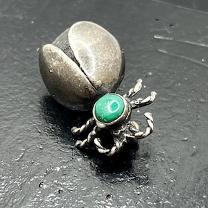 Vintage Native American Diné (Navajo) Silversmith Made Sterling Silver Natural Turquoise Hand Stamped Bug Ant Beetle Brooch Pin