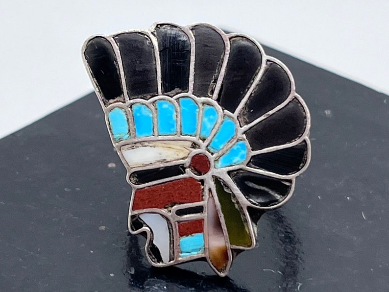 Vintage Zuni Old Pawn Native American Indigenous Chief Sterling Silver ...