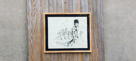 Vintage Listed Pennsylvania Artist Nathan Nate Dunn Multi (Charcoal Pencil Pastel) Bottles Bar Scene Social Realism Straight Maple Frame