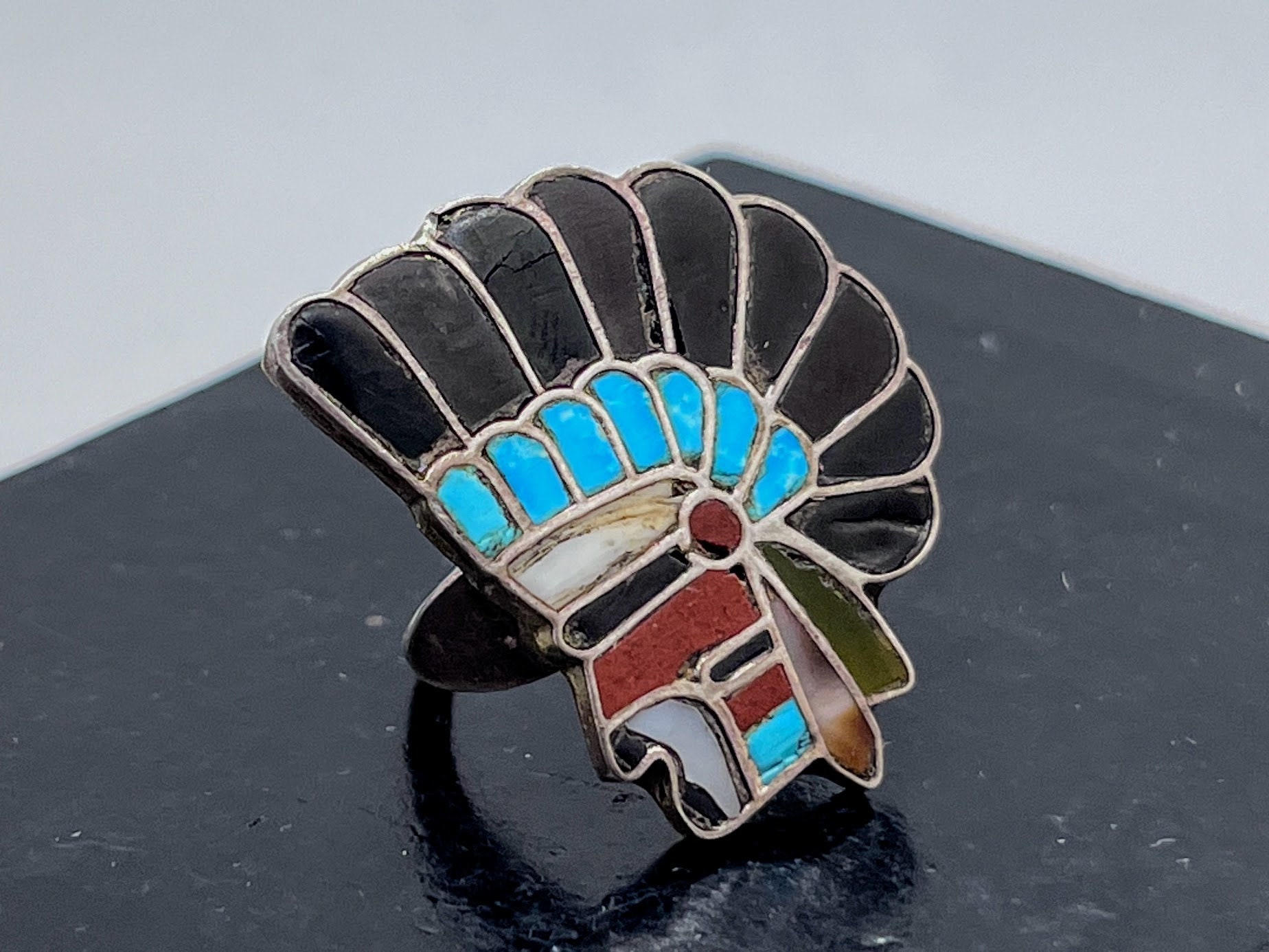 Vintage Zuni Old Pawn Native American Indigenous Chief Sterling Silver ...