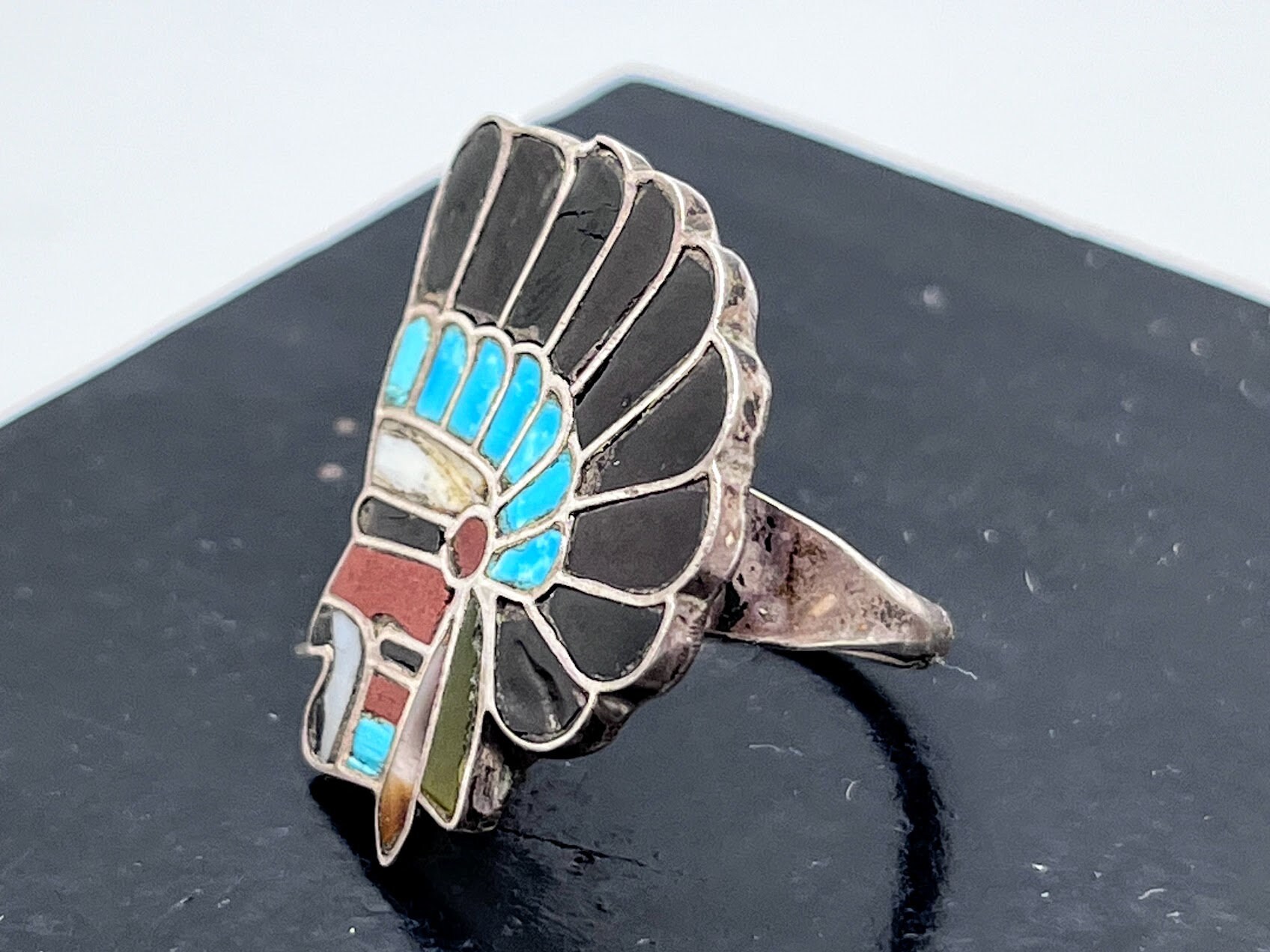 Vintage Zuni Old Pawn Native American Indigenous Chief Sterling Silver ...
