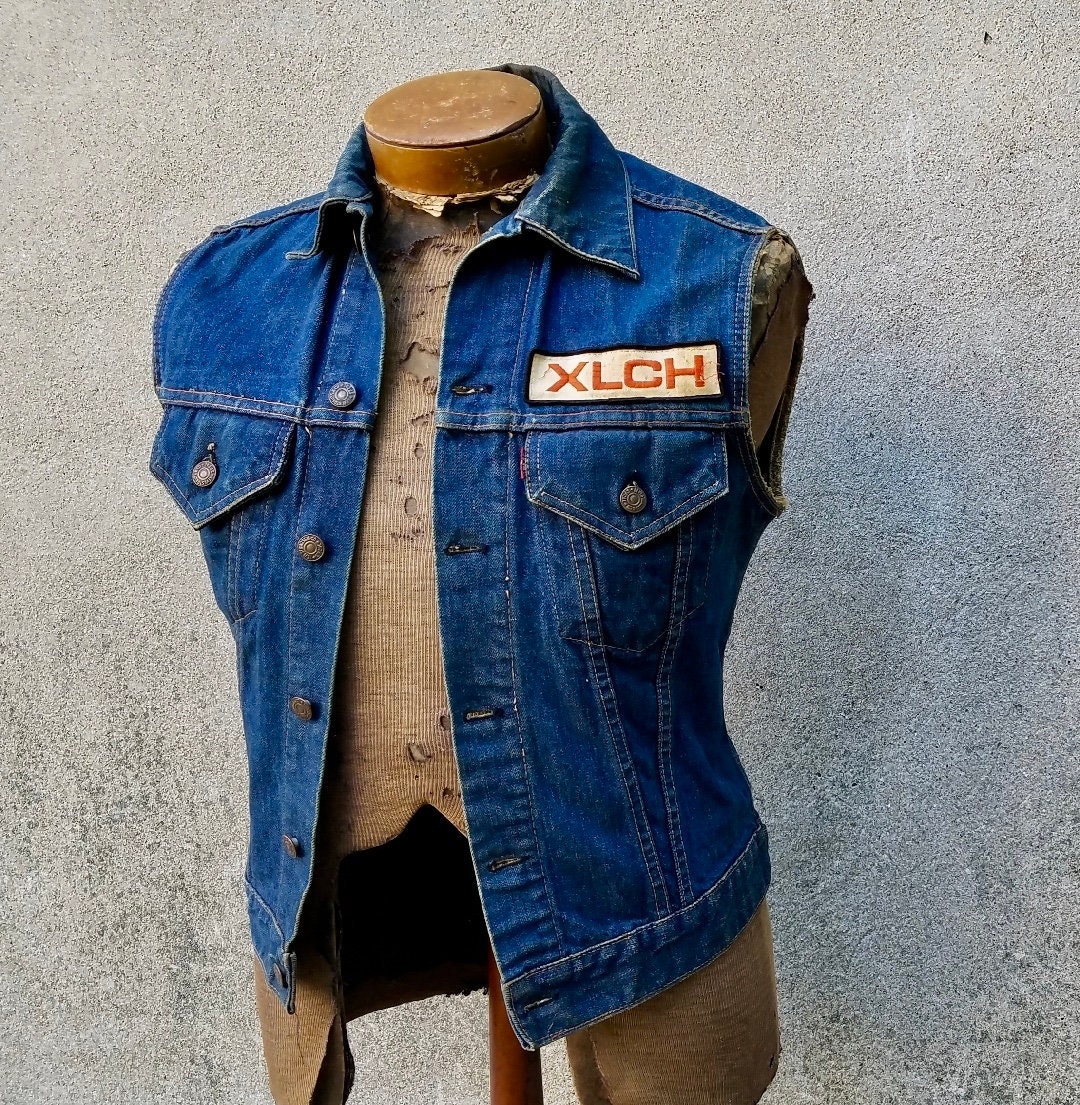 Vintage 1960s Viking Riders Motorcycle Club Big E Levis Denim Vest 