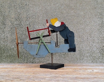 Antique Mechanical Propeller Runs Saw Original Paint Whirligig Folk Art Lawn Art Farmer Wood Cutter Sawyer Cross Cut Bow Saw Farmhouse Decor