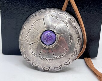 Vintage Silversmith Made and Sighed PL Native American Diné (Navajo) Sterling Silver and Amethyst  Hand Stamped Pendant on a Leather Rope