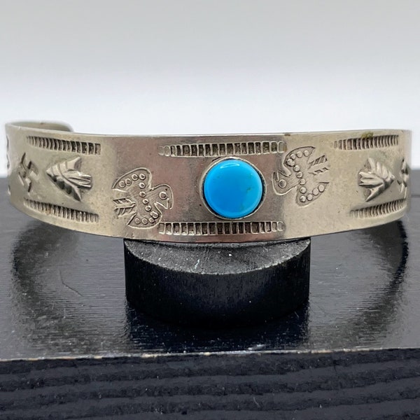 Pre WWII Era Dine' (Navajo) Native American Fred Harvey Era Nickel Silver Stamped Hubbell Glass Bracelet Cuff Whirling Log Thunderbird Arrow