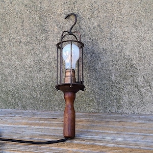 Antique Industrial Copper Cage Hanger Wood Handle Completely Rewired New Plug  Hanging Cage Trouble Task Work Light Lamp Industrial Decor