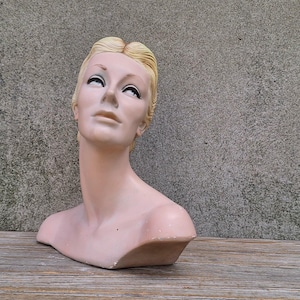 Vintage Art Deco Era Ceramic Molded Hand Painted Department Store Display Fashion Bust Mannequin Head Scarf Jewelry Style Point of Purchase