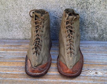 Vintage WWII Era French Military Army Over Boots Waxed Canvas Lace