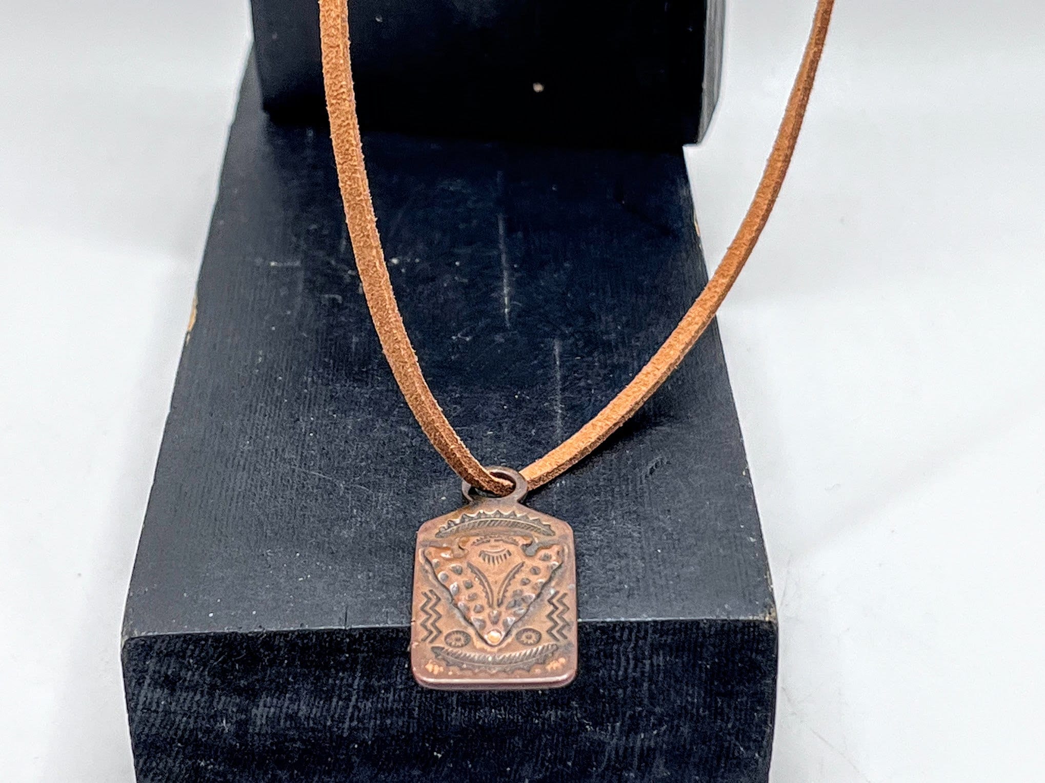 Vintage Native American Navajo Stamped Copper Dog Tag on Leather