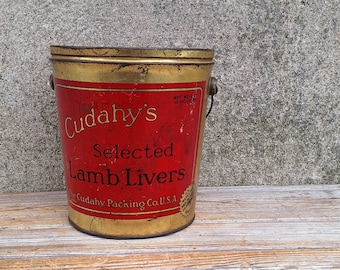 Original Antique 1930s Advertising Tin w/ Lid Cudahy's Selected Lamb Livers Storage Container Farmhouse Kitchen Farmhouse Decor 10 lb Bucket