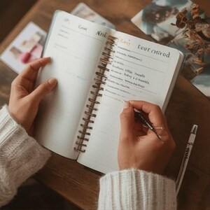 Puede incluir: Una agenda de espiral abierta con páginas blancas que presentan encabezados y líneas impresas. La página izquierda está en blanco, mientras que la derecha contiene texto escrito a mano con tinta negra. Se sostiene un bolígrafo negro.