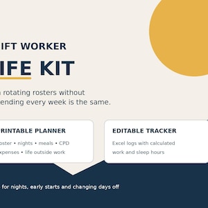 May include: A digital graphic titled SHIFT WORKER LIFE KIT with a yellow circle and dark blue text. It features a printable planner for rosters, nights, meals, and expenses, plus an editable Excel tracker for work and sleep hours on a beige background.