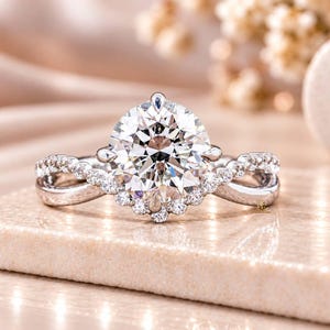 IGI 2CT Round Cut Lab Grown Diamond Twisted Pave Engagement Ring with Bypass Setting For Women 14K Solid Gold Infinity Shank Pave Band