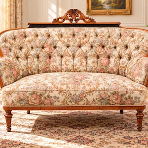Antik blommig loveseat – Klassisk vintagesoffa med tuftad rygg och snidad träkrona