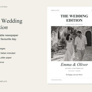 Può includere: Un modello digitale per un giornale di nozze di quattro pagine intitolato The Wedding Edition. Il layout presenta una fotografia in bianco e nero di una coppia che cammina, con testo che include Emma & Oliver, Saturday 18 September 2027 e Villa Oliva, Tuscany.