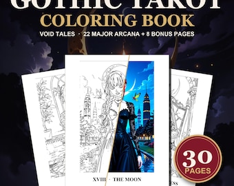 Puede incluir: Un libro para colorear de Tarot Gótico con 30 páginas, incluyendo 22 Arcanos Mayores y 8 páginas extra. La portada muestra una ilustración dividida de la carta La Luna, con un lado en blanco y negro y otro a color con una figura vestida.