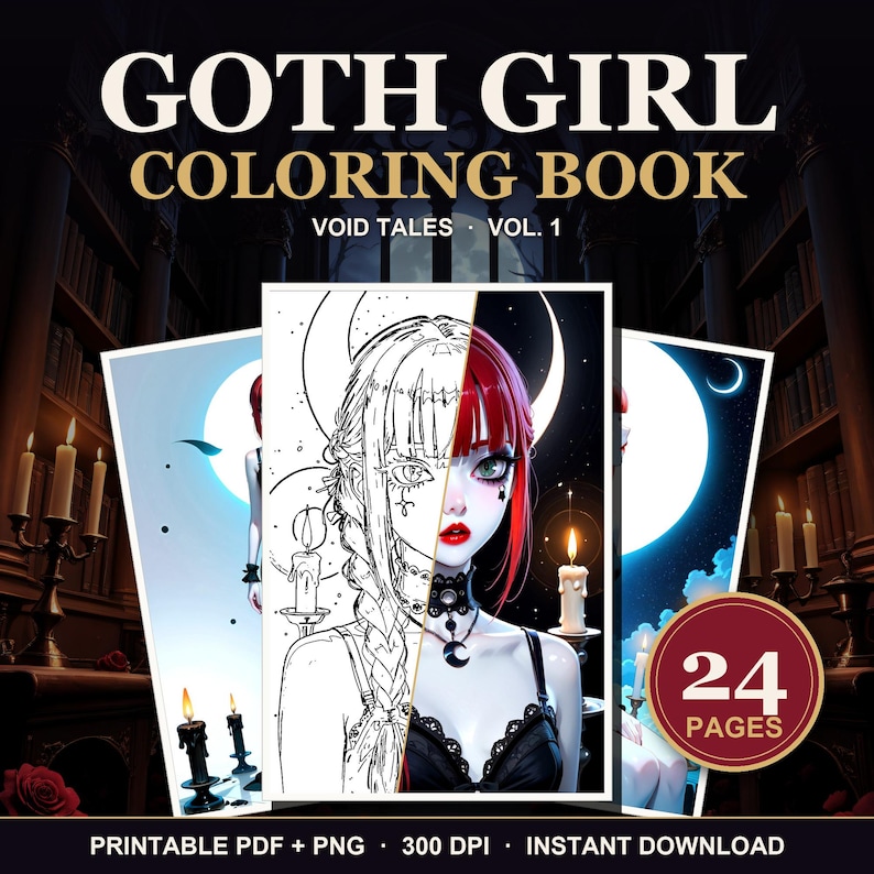Puede incluir: Un libro para colorear Goth Girl titulado Void Tales Vol. 1 con 24 p&aacute;ginas. La portada muestra una ilustraci&oacute;n dividida de un personaje con cabello rojo, una luna creciente y velas, tanto en arte lineal como a todo color.