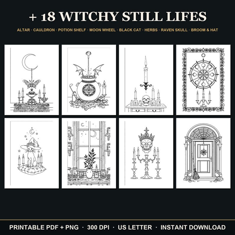 Witchy Coloring Book | 40 Goth Witch Coloring Pages for Adults, Candles, Moon & Ritual Printable PDF Download image 7