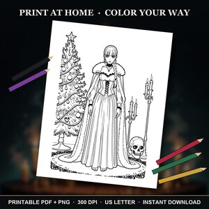 May include: A black and white coloring page featuring a person in a long gown and fur-trimmed cape standing next to a decorated Christmas tree with skull ornaments, a candelabra, and a skull. Text reads: PRINT AT HOME &bull; COLOR YOUR WAY.