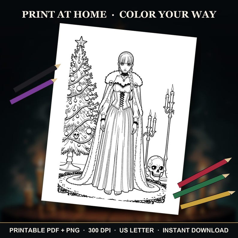 May include: A black and white coloring page featuring a person in a long gown and fur-trimmed cape standing next to a decorated Christmas tree with skull ornaments, a candelabra, and a skull. Text reads: PRINT AT HOME &bull; COLOR YOUR WAY.