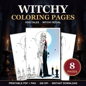 May include: Witchy Coloring Pages Void Tales Witchy Ritual digital set featuring 8 pages. The image displays a split-view illustration of a figure in a long dress with candles, presented as a printable PDF and PNG file at 300 DPI.