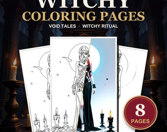 Puede incluir: Set de 8 páginas para colorear Witchy Coloring Pages Void Tales Witchy Ritual. La imagen muestra una ilustración dividida de una figura con vestido largo y velas, presentada como archivo PDF y PNG imprimible a 300 DPI.