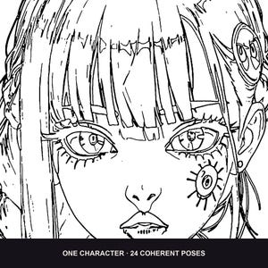 Puede incluir: Una ilustraci&oacute;n de arte lineal en blanco y negro de un personaje con flequillo recto, ojos grandes y detallados, y una marca circular en forma de ojo en la mejilla. El texto en la parte inferior dice ONE CHARACTER &middot; 24 COHERENT POSES.