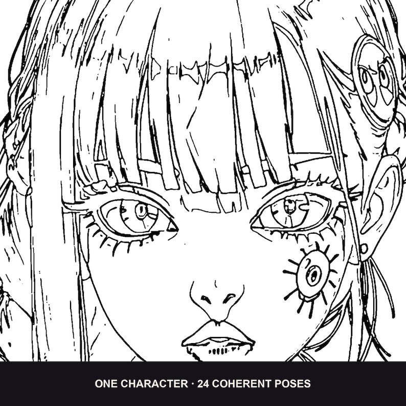 Puede incluir: Una ilustraci&oacute;n de arte lineal en blanco y negro de un personaje con flequillo recto, ojos grandes y detallados, y una marca circular en forma de ojo en la mejilla. El texto en la parte inferior dice ONE CHARACTER &middot; 24 COHERENT POSES.