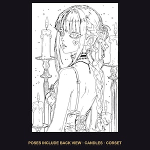 Puede incluir: Una ilustraci&oacute;n de arte lineal en blanco y negro que muestra a una persona con peinado trenzado, usando un cors&eacute; y una gargantilla, rodeada de varias velas encendidas. El texto inferior dice: POSES INCLUDE BACK VIEW &middot; CANDLES &middot; CORSET.