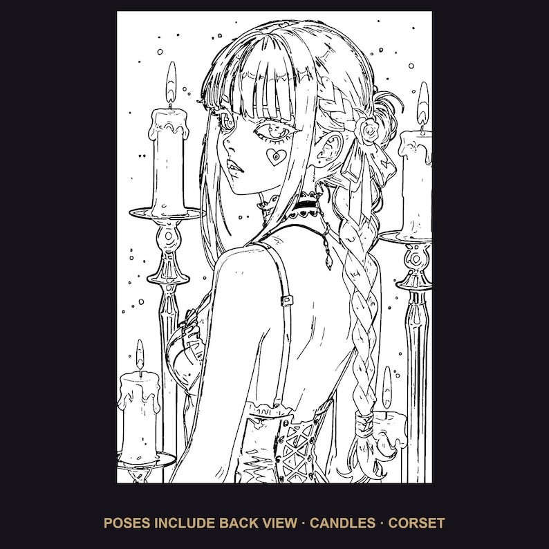 Puede incluir: Una ilustraci&oacute;n de arte lineal en blanco y negro que muestra a una persona con peinado trenzado, usando un cors&eacute; y una gargantilla, rodeada de varias velas encendidas. El texto inferior dice: POSES INCLUDE BACK VIEW &middot; CANDLES &middot; CORSET.